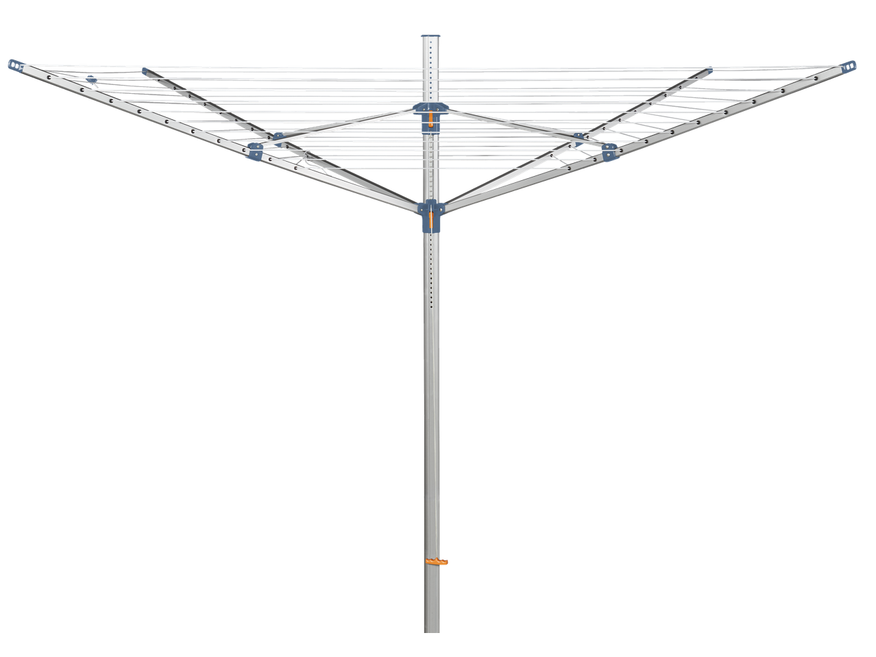 Rotary clothes dryer with multiple lines for hanging laundry, featuring a central pole and adjustable arms.