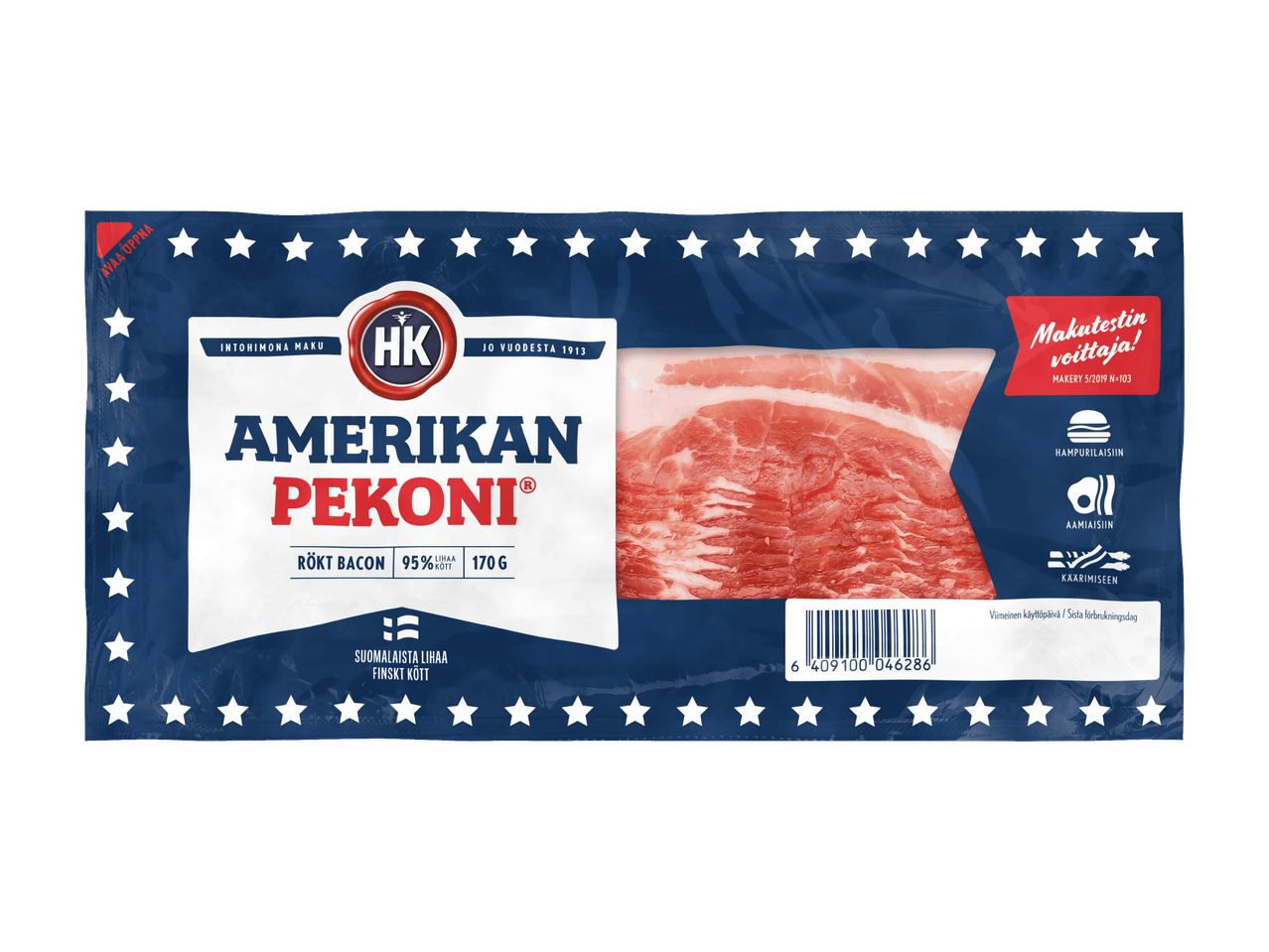 Amerikkalainen pekoni, 170g, pakkaus, jossa on tähtiä ja tekstiä.