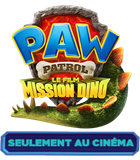Logo Paw Patrol Le Film Mission Dino avec un dinosaure et la mention 'Seulement au cinéma'.