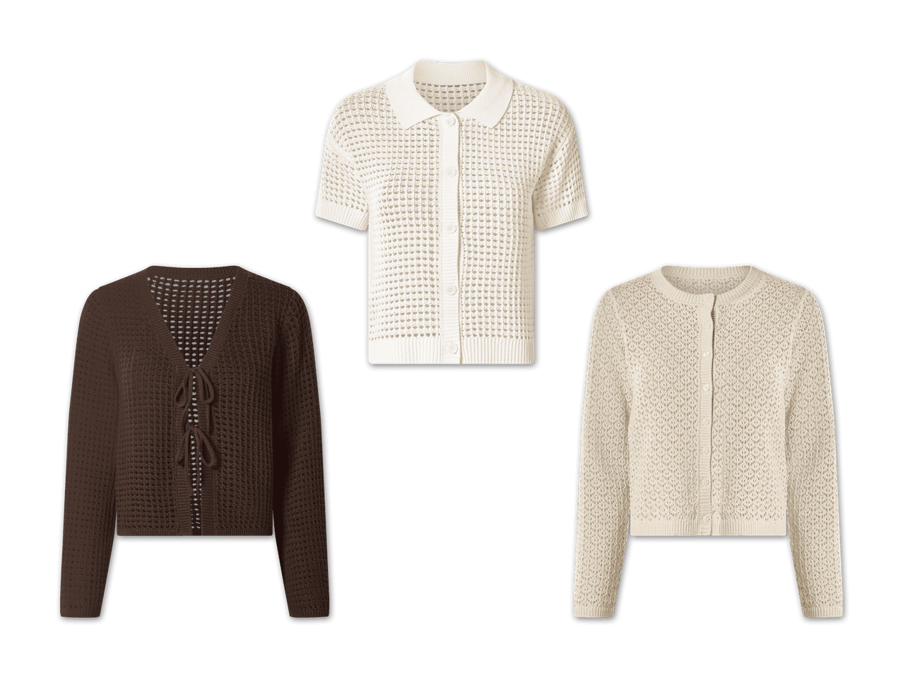 Drei gestrickte Oberteile: ein weißes Poloshirt, eine braune Strickjacke mit Schnürung und eine cremefarbene Strickjacke.