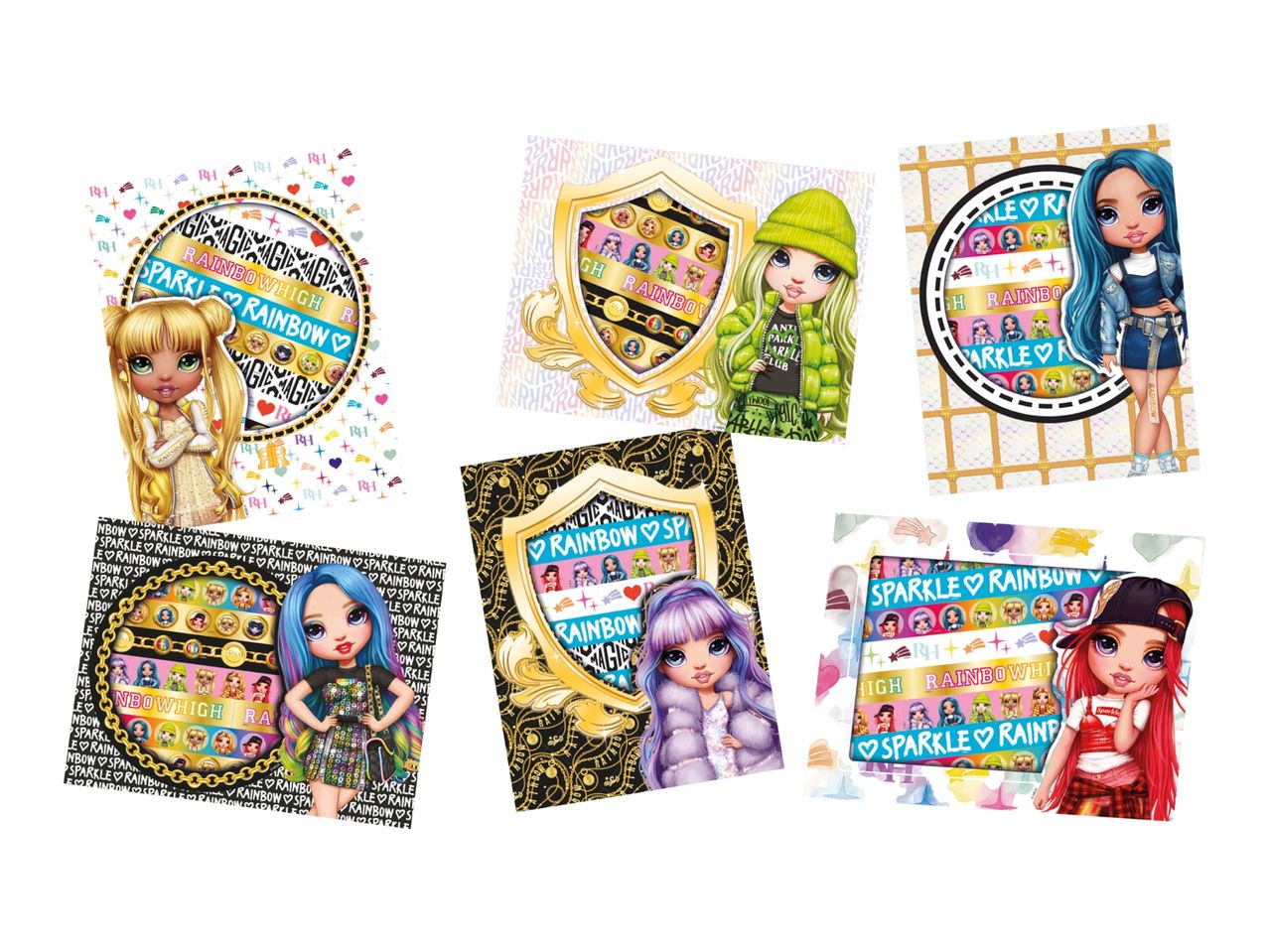 Six colorful Rainbow High doll-themed cards with various doll characters and text like 'Sparkle Rainbow'.