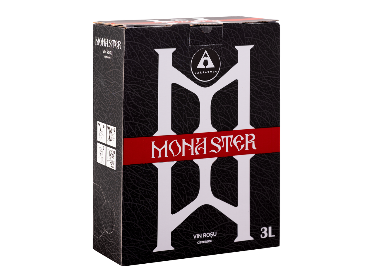 Cutie de vin Monaster de 3L, roșu demisec, cu design negru și roșu.