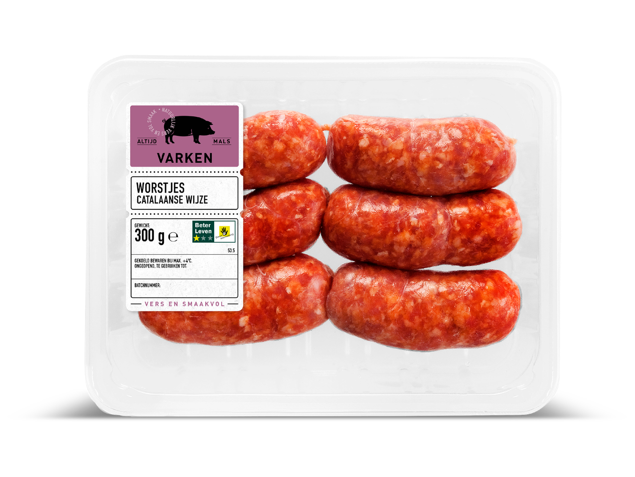 Verpakking met Catalaanse worstjes van 300g, met het Beter Leven keurmerk.