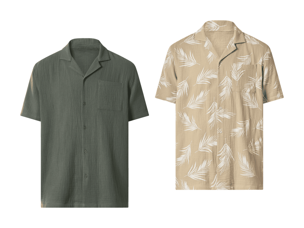 Deux chemises d'été pour hommes : une verte unie et une beige à imprimé feuilles.