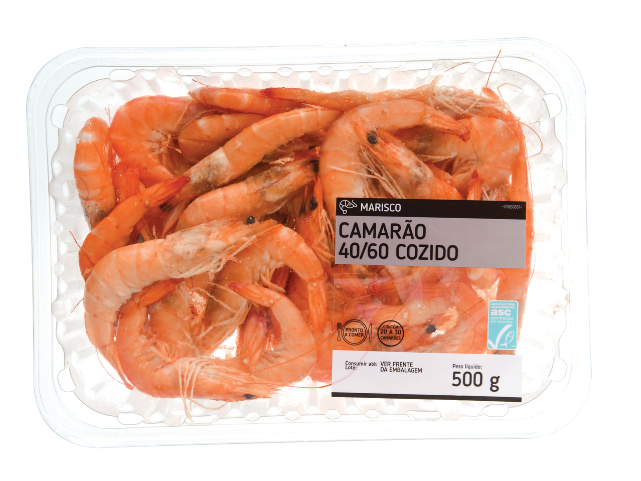 Embalagem de camarão cozido 40/60 da marca Marisco, com 500g de peso líquido.