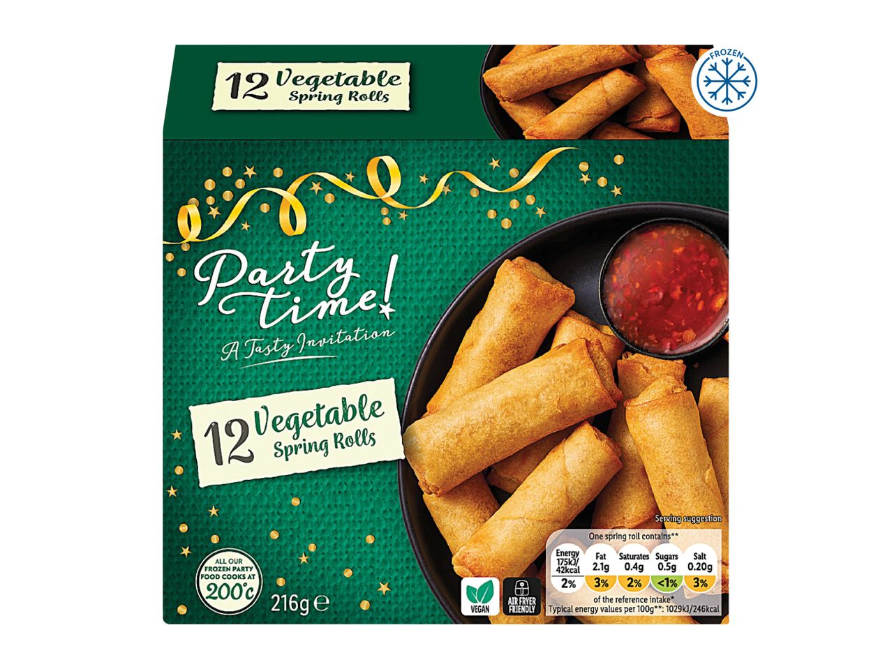 Box of 12 frozen vegetable spring rolls with a dipping sauce, labeled 'Party Time!' and 'Vegan'.