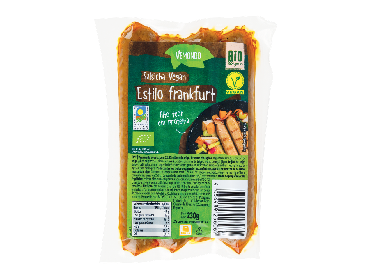 Salsichas vegan Vemondo Bio estilo frankfurt, alto teor em proteína, com informação nutricional.