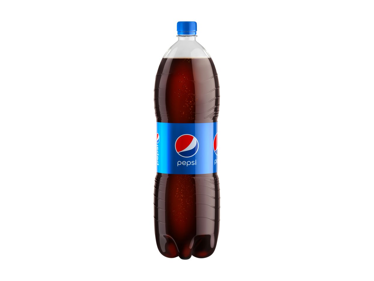 Plastična steklenica Pepsi s temno pijačo in modrim pokrovčkom na beli podlagi.