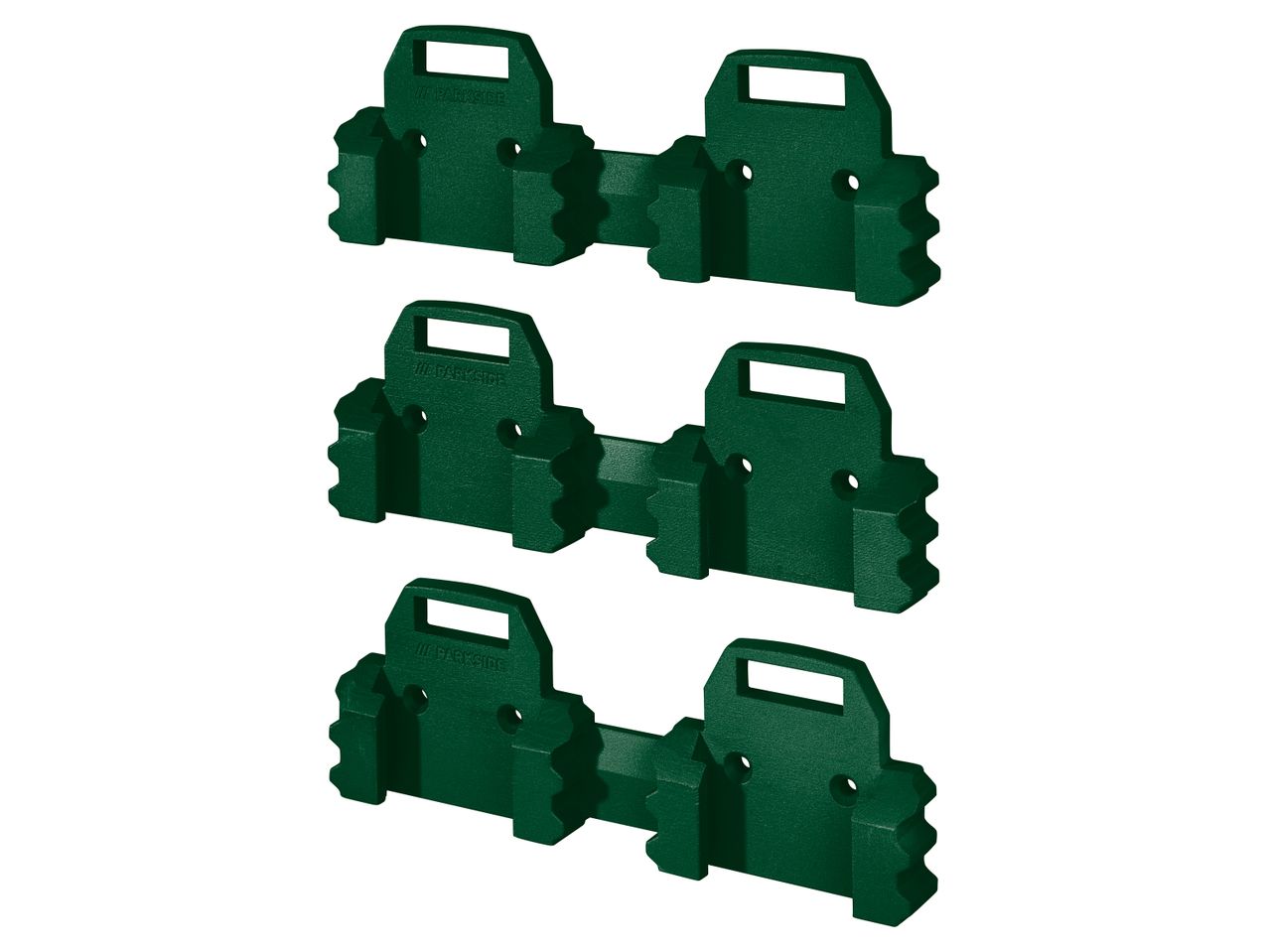 Three Parkside dark green plastic Wall Holder for Batteries.