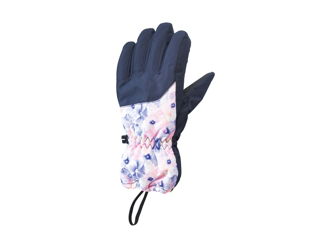 Navy blue ski glove with a floral pattern on the cuff