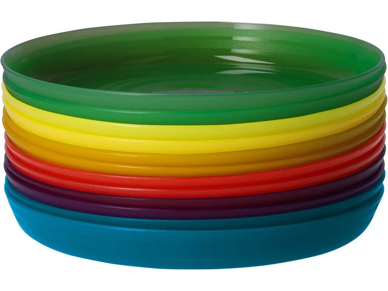 Un mucchio di ciotole di plastica color arcobaleno impilate.