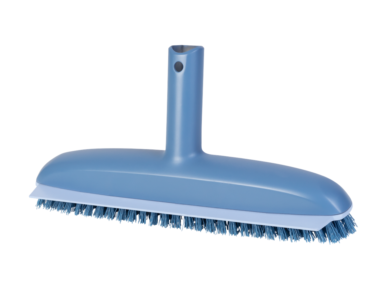 Brosse de nettoyage bleue avec raclette intégrée.