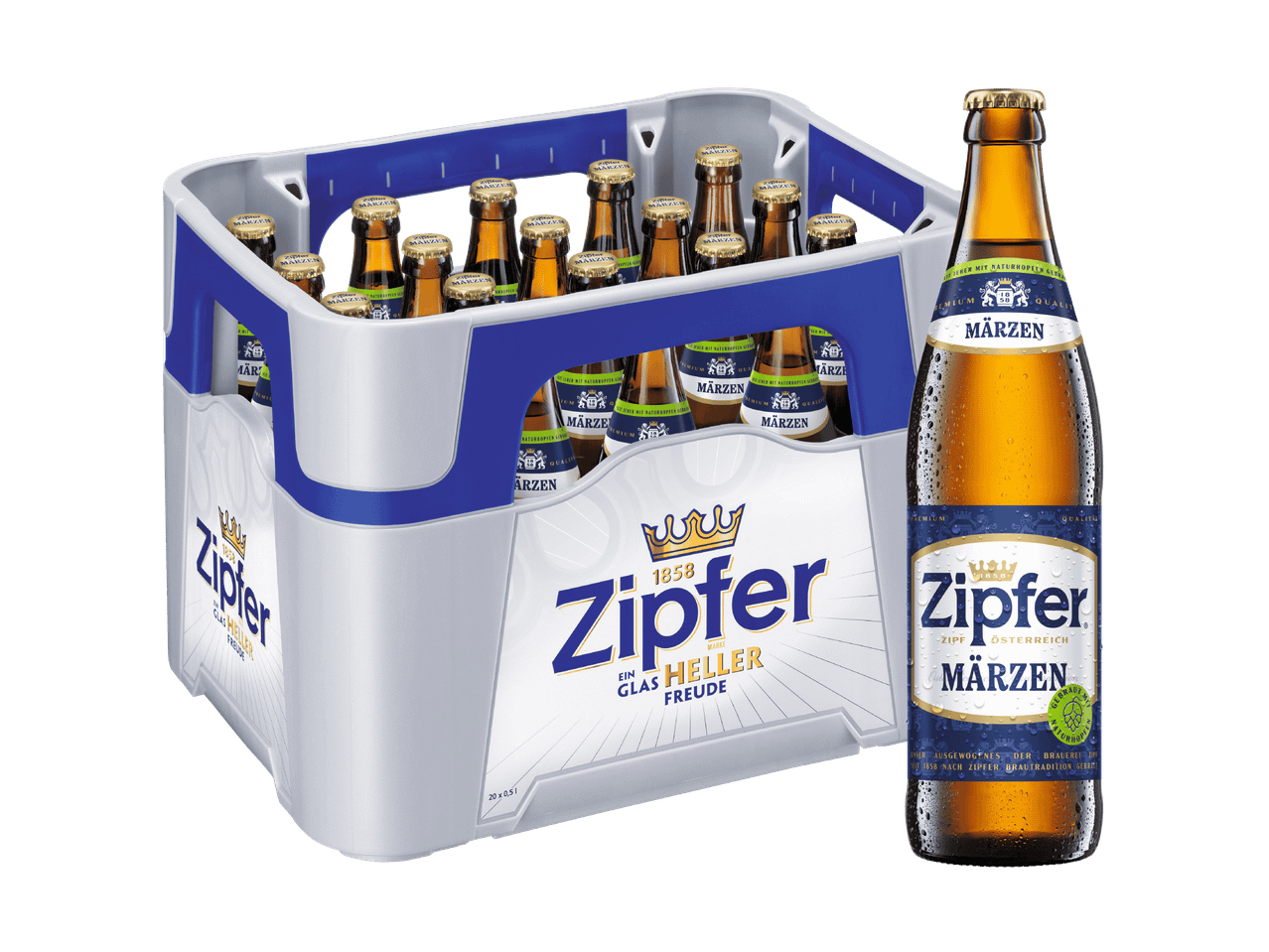 Eine Kiste Zipfer Märzen Bier mit einer einzelnen Flasche im Vordergrund.