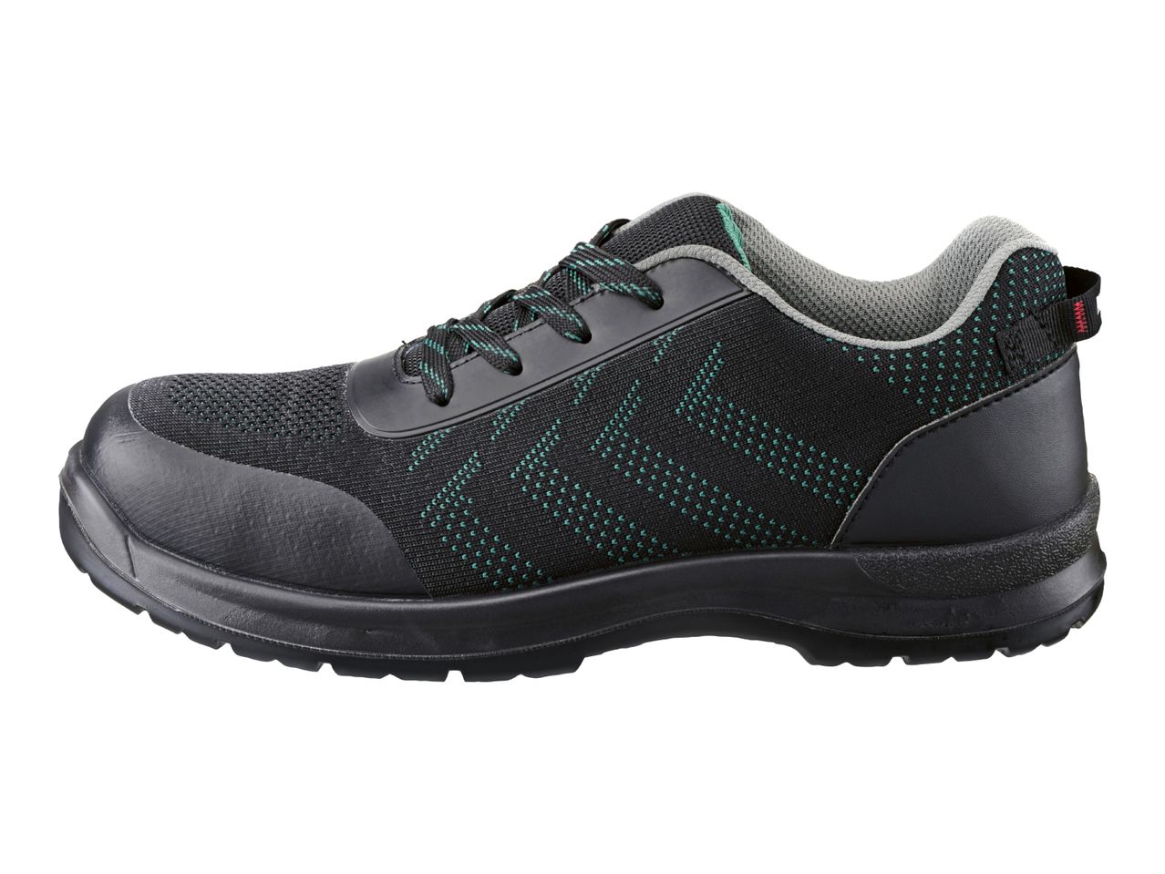 Black and teal safety shoe with a mesh upper and a durable sole.