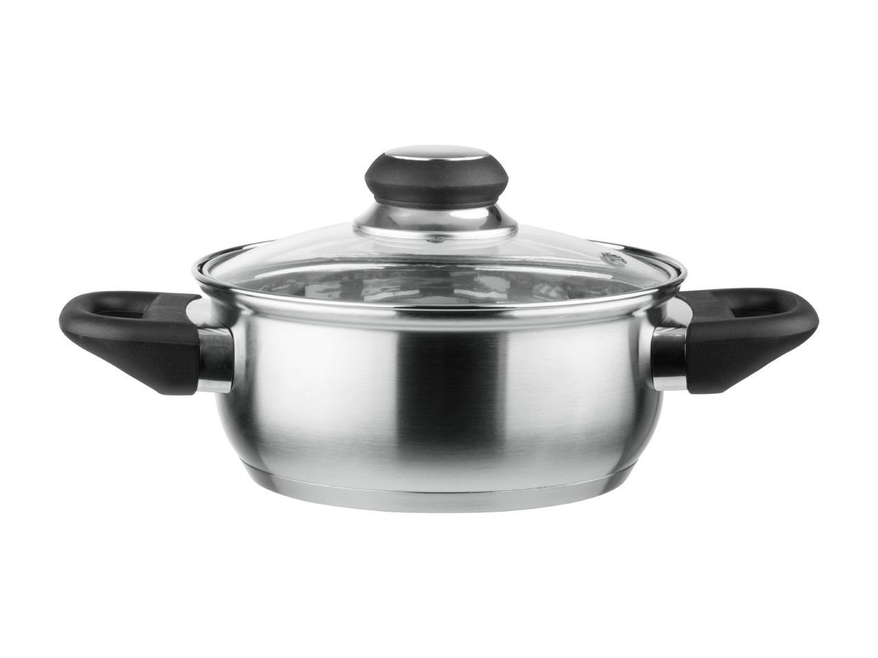En rustfri stålsaucegryde med glaslåg og sorte håndtag.