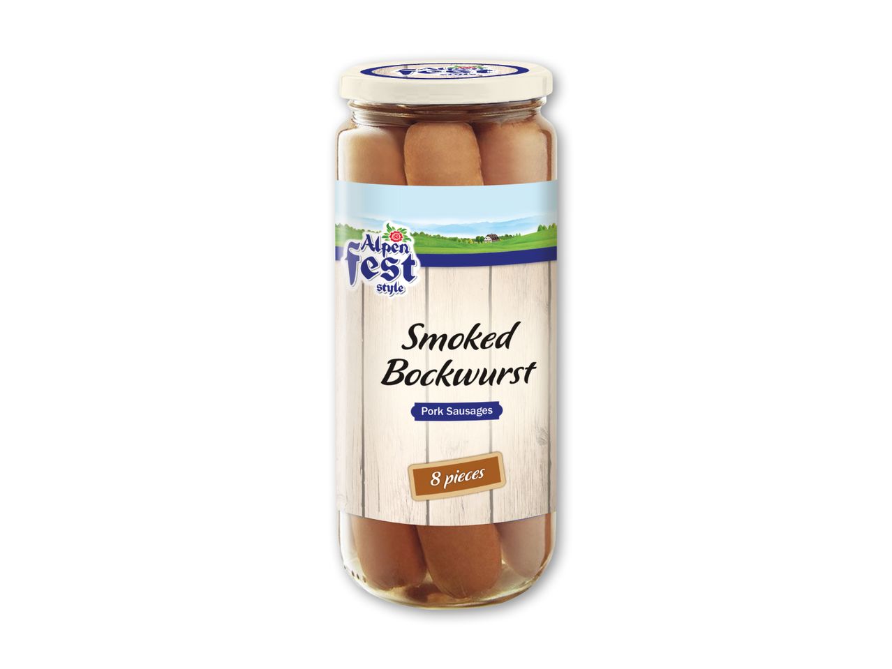 Glas med røget bockwurst pølser, 8 stykker, med et alpint tema på etiketten.