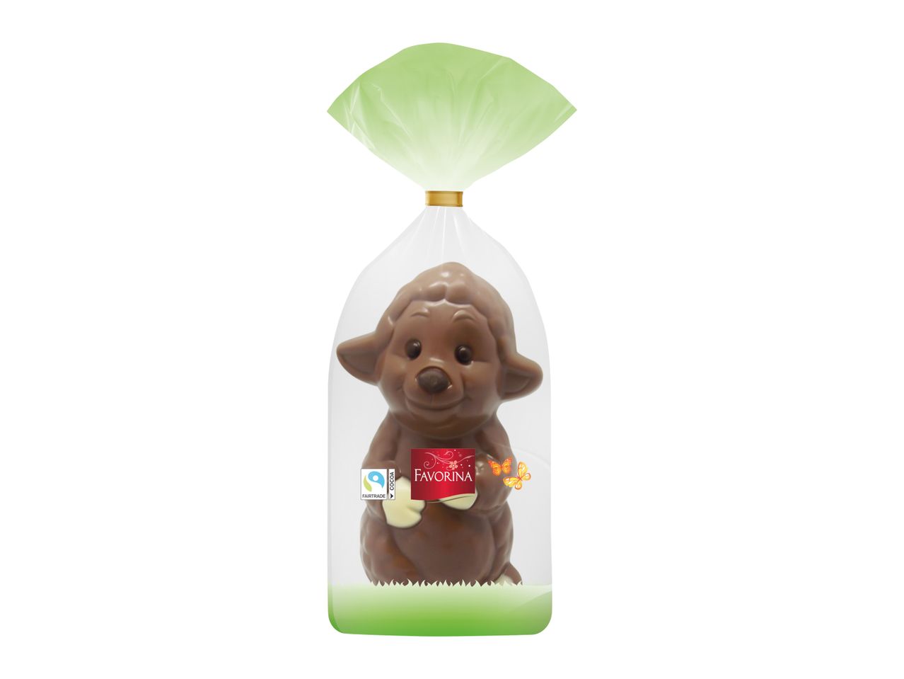 Chocolate lamb in clear packaging with green top and bottom, holding a red label.