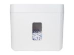 White paper shredder with a window showing shredded paper