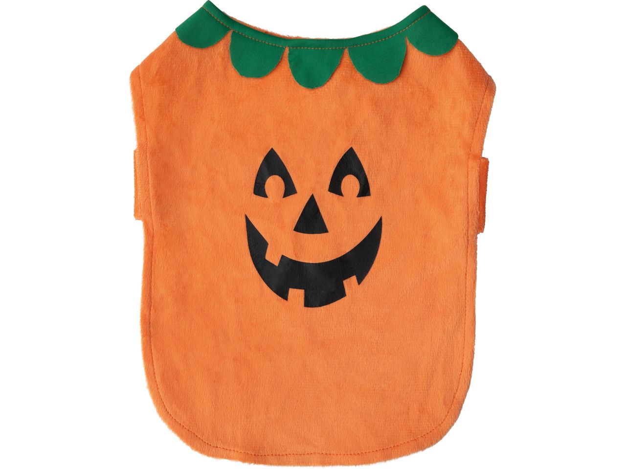 Orange pumpkin pet costume with a jack-o'-lantern face