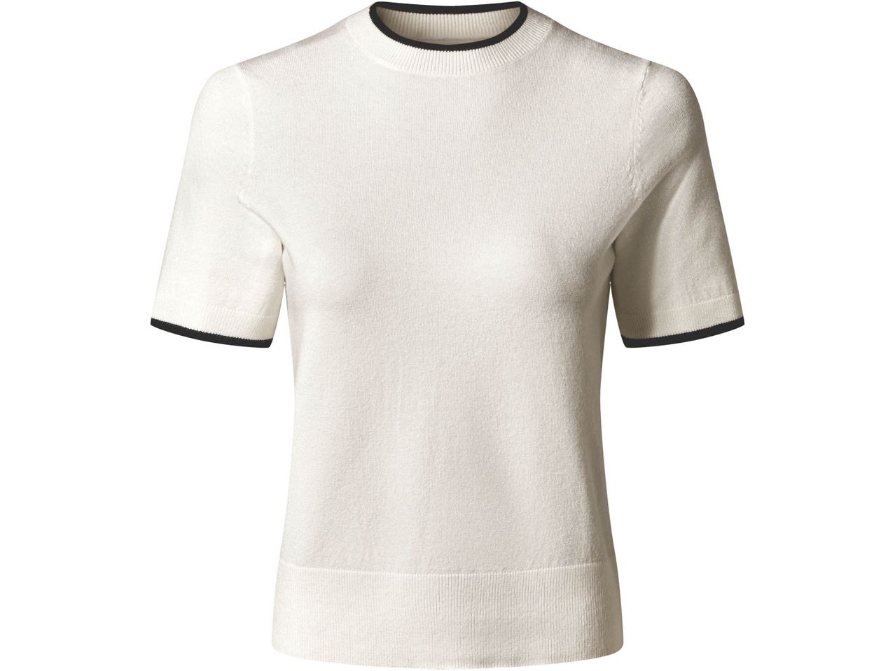 Maglione bianco a maniche corte con bordi neri su collo e maniche.