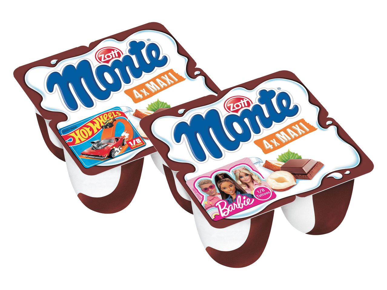 Dva čokoladna jogurta Monte s 4x maxi pakiranjem, eden z motivi Hot Wheels, drugi z Barbie.