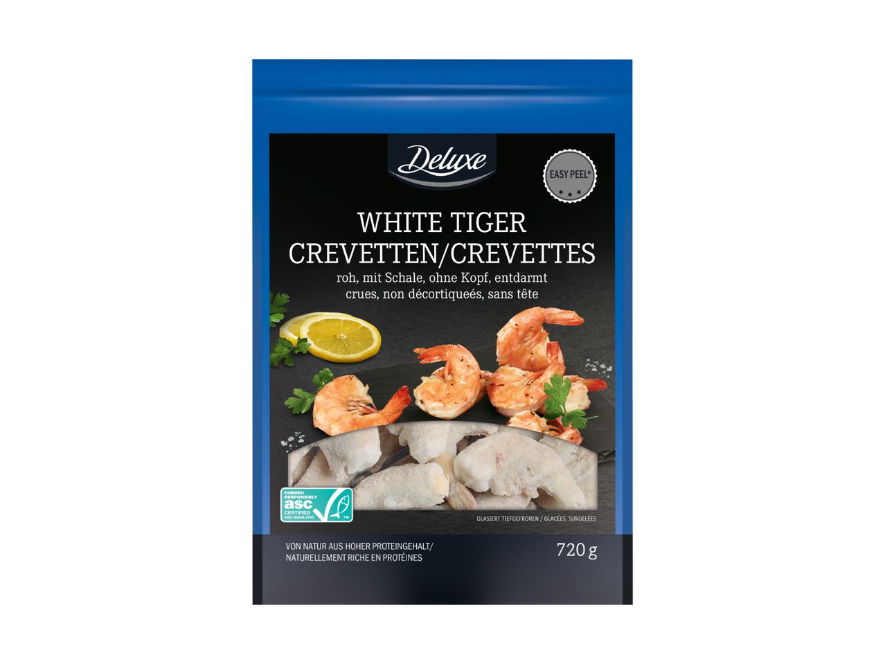 Delhaize Packung mit geschälten Garnelen.