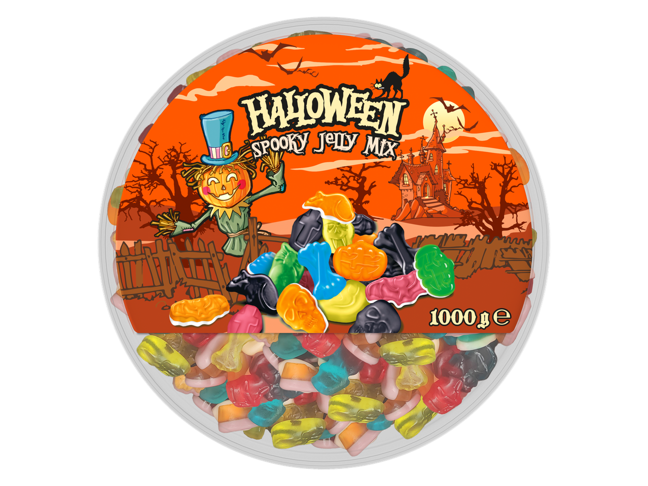 Halloween Spooky Jelly Mix with various spooky-shaped candies, including skulls, brains, and bones.