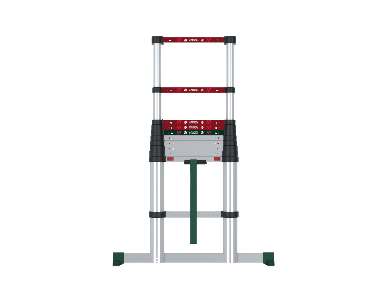 A telescopic ladder with red and green safety warnings, including 'DO NOT STEP ON THIS RUNG' and 'LAST RUNG TO BE STEPPED ON'.
