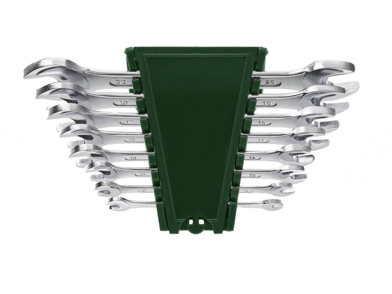 A set of silver combination wrenches in a dark green holder.