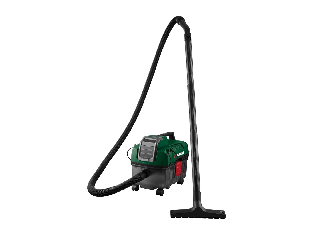 A green and black wet and dry vacuum cleaner with a long hose and floor nozzle.