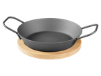 Grillmeister Iron Grill Pan Assortment: A dark grey cast iron pan with two handles on a wooden base.