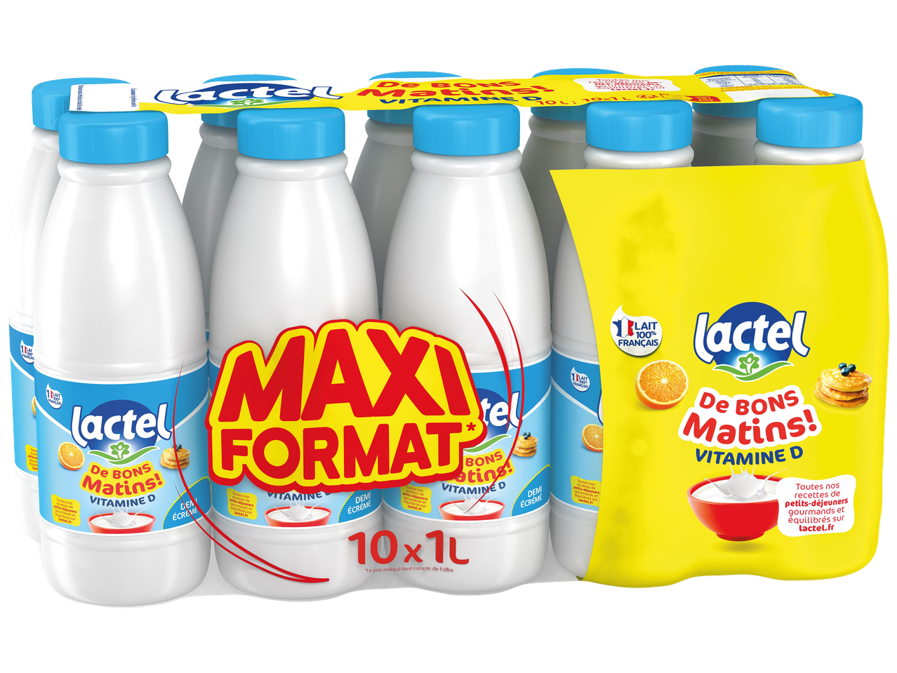 Pack de 10 bouteilles de lait demi-écrémé enrichi en vitamine D, format maxi.