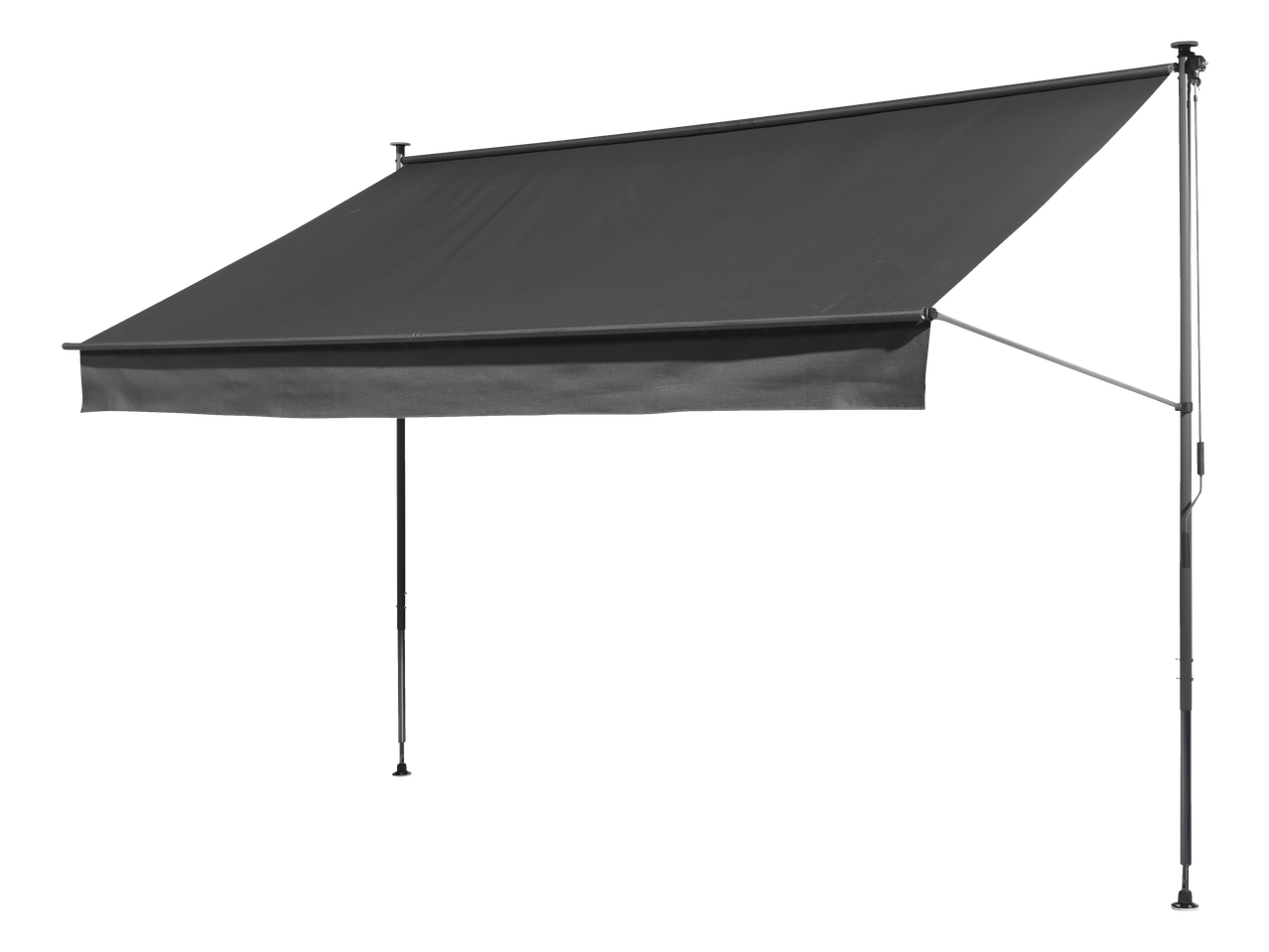 LIVARNO Klemmmarkise, siva sklopiva tenda na crnoj pozadini.