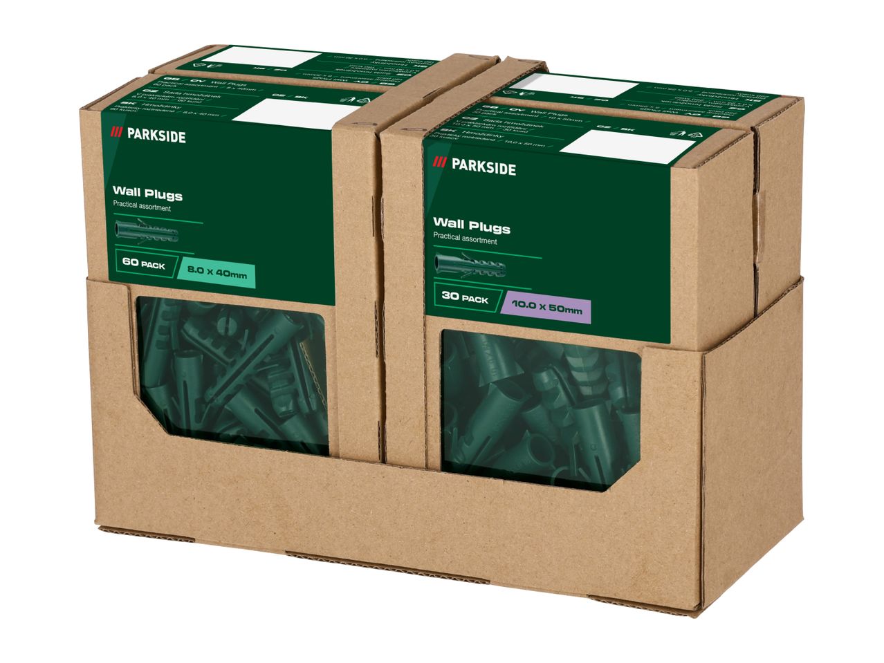 Two cardboard boxes of wall plugs, one with 60 pieces of 8.0 x 40mm and the other with 30 pieces of 10.0 x 50mm.