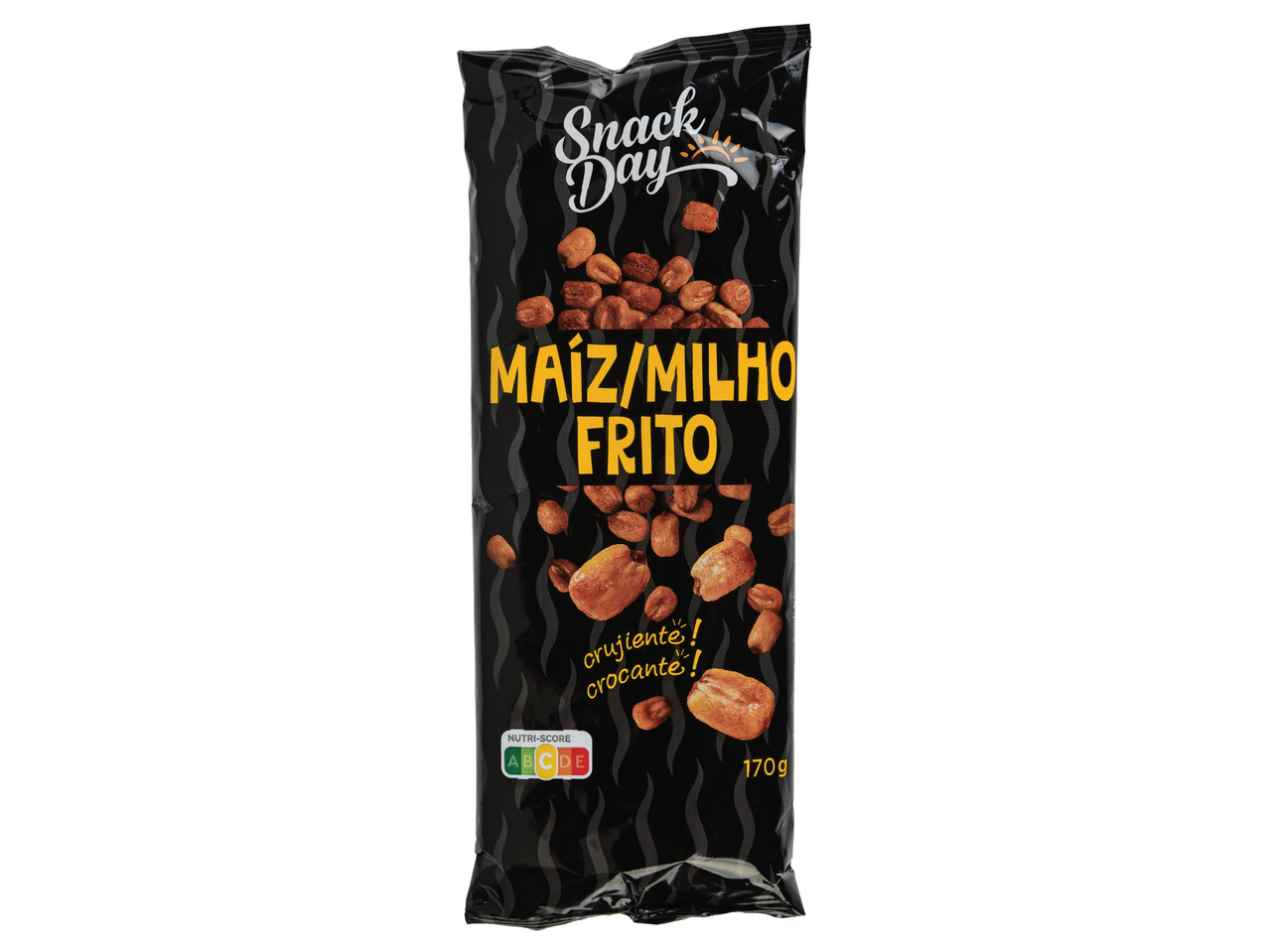 Pacote de 170g de milho frito Snack Day, com destaque para a crocância.