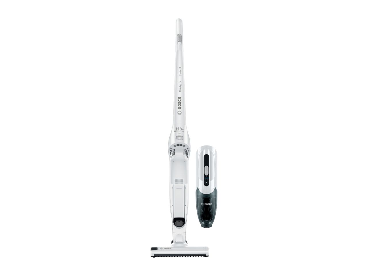 A Bosch Ready'y Serie | 2 cordless stick vacuum cleaner and handheld vacuum are shown.