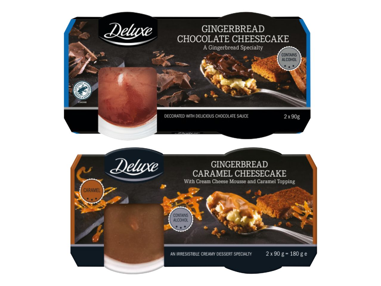 Deluxe deserti: ingvera šokolādes siera kūka un ingvera karameļu siera kūka.