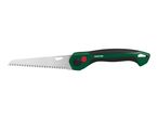 Green and black folding pruning saw with a silver blade