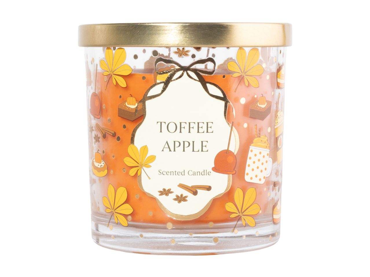 Toffee Apple scented candle in a decorated glass jar with a gold lid.
