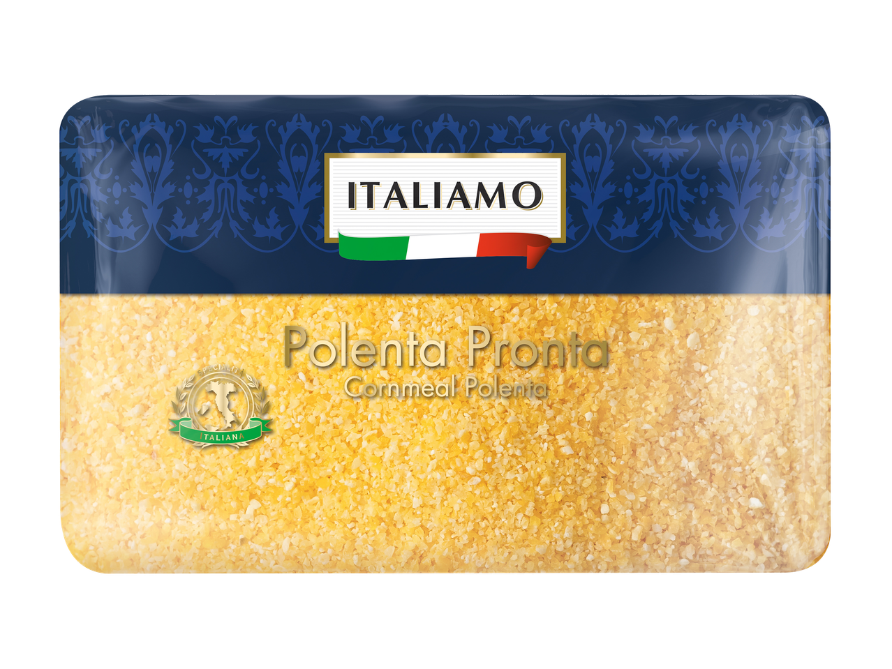 Paquet de polenta prête à l'emploi, avec un motif bleu et le texte 'Polenta Pronta Cornmeal Polenta'.