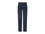 Dark blue straight-leg jeans with light brown stitching