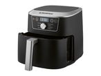 Black air fryer with a digital display showing 200 degrees Celsius
