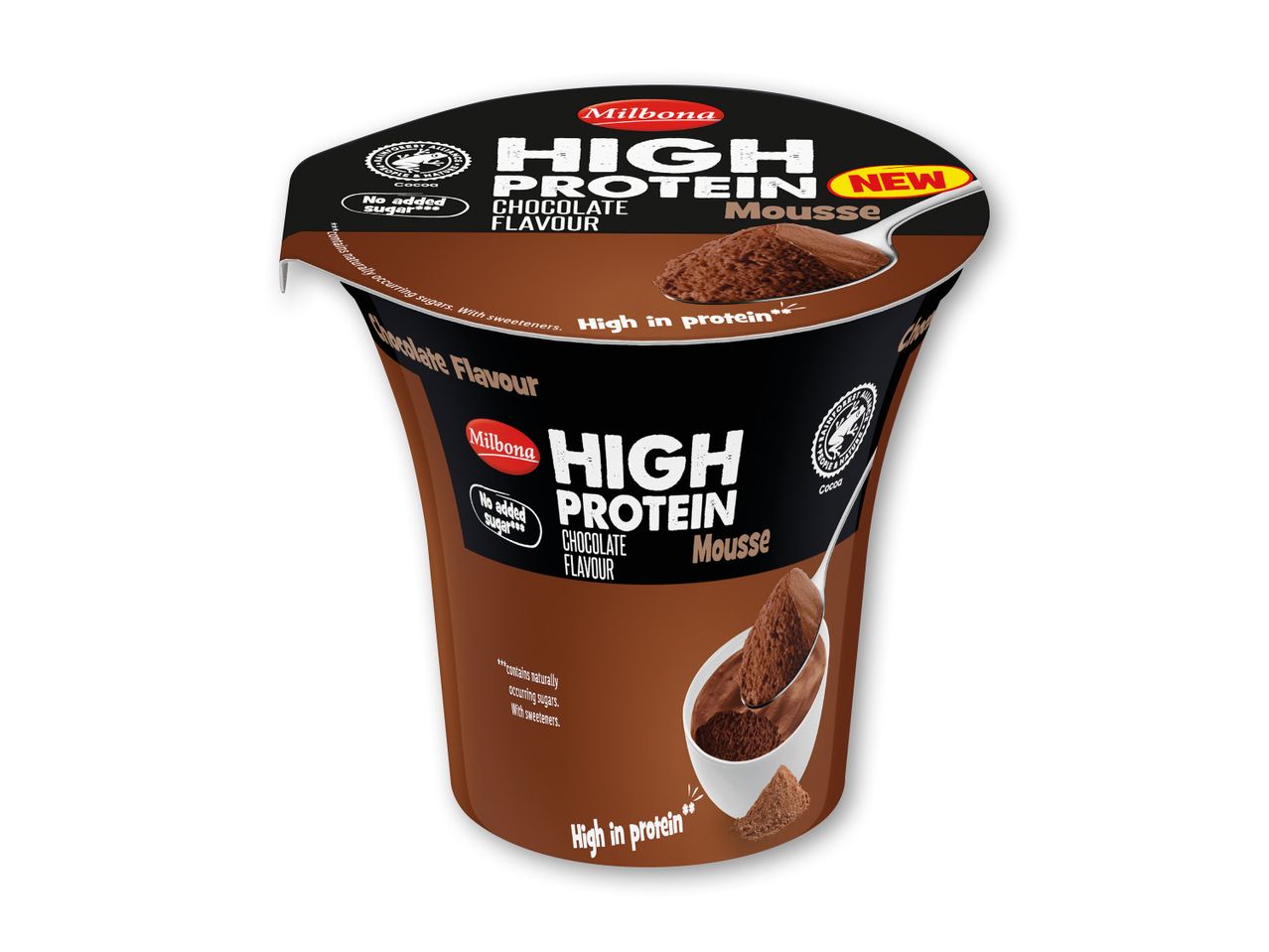 Milbona's nye High Protein chokolademousse i en kop.