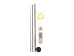Fly fishing rod, reel, line, backing, and a box of flies.