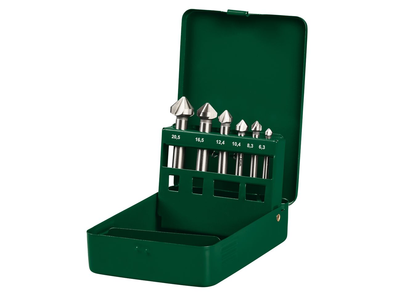 Set di svasatori conici in una scatola verde, con misure da 20,5 a 6,3 mm.