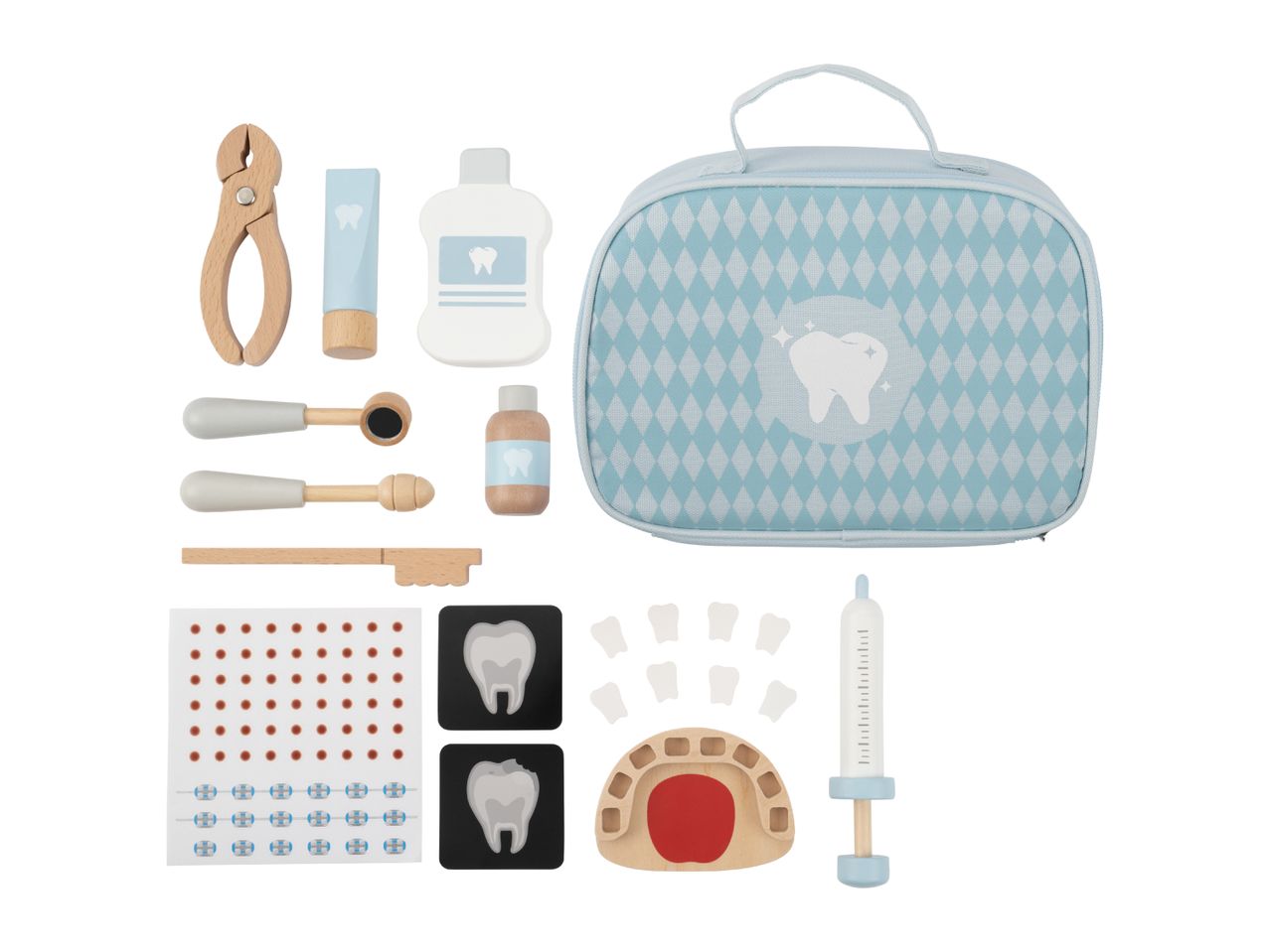 Wooden toy dentist kit with tools, toothpaste, mouthwash, X-rays, and a carrying case.