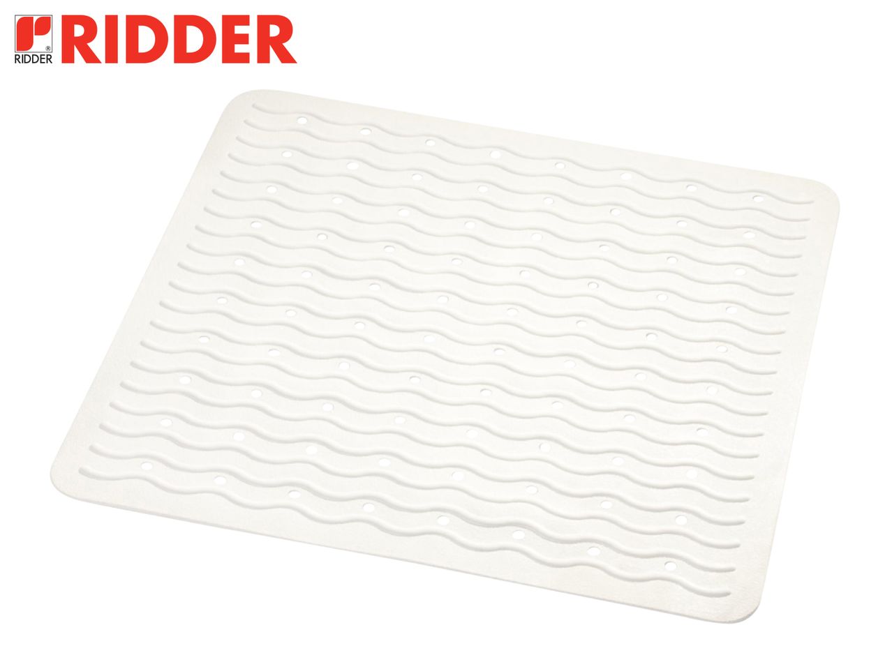 A white Ridder bath mat with a wavy pattern and drainage holes.