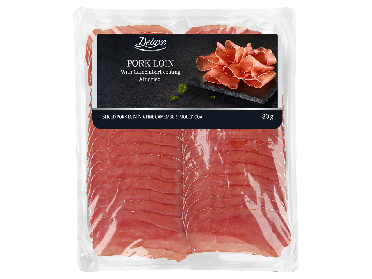 Deluxe viilutatud õhu käes kuivatatud seakarbonaad Camemberti kattega, 80g.