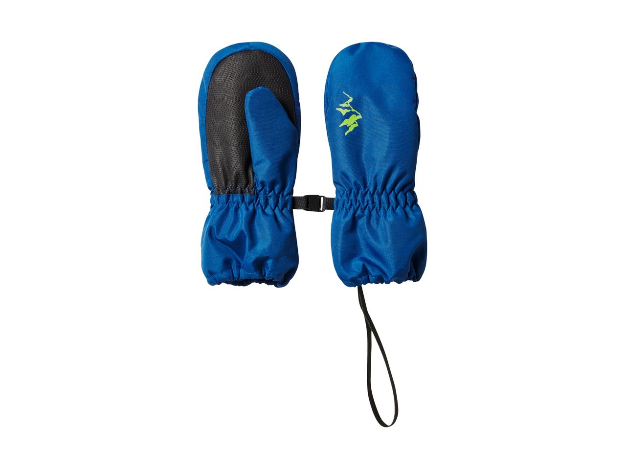 Pair of blue children's mittens with a black palm grip and a green mountain logo