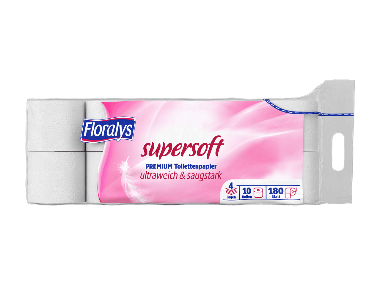 Confezione di carta igienica super morbida con 10 rotoli a 4 veli e 180 fogli.